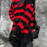 Aidase Black Red Striped Sweaters Washed Destroyed Ripped Sweater Men Hole Knit Jumpers Men Women Oversized Sweater Harajuku