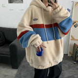 Japan Korea Style Fashion Fleece Hoodies Men Patchwork Stripe Hooded Sweatshirts Male Loose Coats Student Casual Tops Pullover aidase-shop