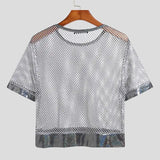 Aidase Men T Shirt See Through Mesh Patchwork Streetwear Sexy O-neck Short Sleeve Crop Tops Breathable Party Casual Men Clothing S-5XL aidase-shop