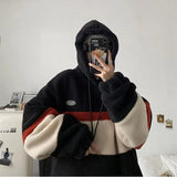 Japan Korea Style Fashion Fleece Hoodies Men Patchwork Stripe Hooded Sweatshirts Male Loose Coats Student Casual Tops Pullover aidase-shop