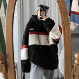 Japan Korea Style Fashion Fleece Hoodies Men Patchwork Stripe Hooded Sweatshirts Male Loose Coats Student Casual Tops Pullover aidase-shop