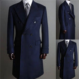 Aidase Formal Navy Men Suits Thick Wool Custom Made Men Jacket Double Breasted Tuxedos Peaked Lapel Blazer Business Long Coat