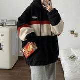 Japan Korea Style Fashion Fleece Hoodies Men Patchwork Stripe Hooded Sweatshirts Male Loose Coats Student Casual Tops Pullover aidase-shop