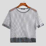 Aidase Men T Shirt See Through Mesh Patchwork Streetwear Sexy O-neck Short Sleeve Crop Tops Breathable Party Casual Men Clothing S-5XL aidase-shop