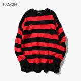 Aidase Black Red Striped Sweaters Washed Destroyed Ripped Sweater Men Hole Knit Jumpers Men Women Oversized Sweater Harajuku