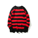 Aidase Black Red Striped Sweaters Washed Destroyed Ripped Sweater Men Hole Knit Jumpers Men Women Oversized Sweater Harajuku