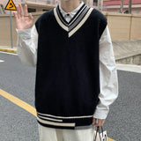 Aidase Men Sweater Vest Vintage Preppy Style Sleeveless Clothing Knitted V-neck Loose Jacquard Jumpers Harajuku Warm Outwear Autumn Ins aidase-shop