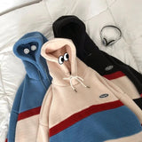 Japan Korea Style Fashion Fleece Hoodies Men Patchwork Stripe Hooded Sweatshirts Male Loose Coats Student Casual Tops Pullover aidase-shop