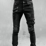 Men Jeans Drawstring High Waist Desighner Jean Pants Autumn Mens Clothing Biker Straight Denim Washed Hole Pant Trousers Black aidase-shop