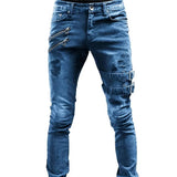 Men Jeans Drawstring High Waist Desighner Jean Pants Autumn Mens Clothing Biker Straight Denim Washed Hole Pant Trousers Black aidase-shop