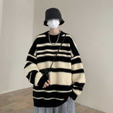 Aidase  Men's Japanese Pullover Round Neck Color Matching Coats Striped Wool Sweaters Loose Lazy Style Retro Cashmere Knitting aidase-shop