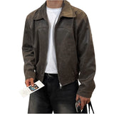 Aidase Spring Autumn Vintage Lightweight Distressed Washed Brown Pu Leather Jacket Men Zipper Casual Korean Fashion Clothes aidase-shop