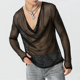 Aidase Mens Sexy See-Through Mesh Long-Sleeved Top 2024 New Genderless Nightclub Individuality Youthful Thin Low-Cut T-Shirt Unisex aidase-shop