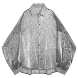 Aidase 2024 New Starry Sky Mesh Sexy Long-sleeved Shirt Men's Loose Oversize Lapel Shirt Top Sun Protection Shirt See-through Blouse aidase-shop