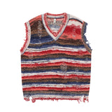 Aidase Vintage Gradient Stripe Baggy Knitted Sweater Vest Washed Ripped Red Sweater Tank Top Y2k Tie Dyeing V-Neck Sleeveless knitwear aidase-shop