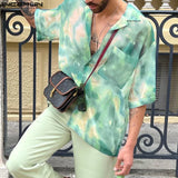 Aidase Summer Fashionable Style Tops INCERUN 2024 Men Tie Dyed Chiffon Shirt Sexy Male Personality Thin Half Sleeved Lapel Blouse S-5XL