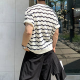 Aidase Trendy Striped Jacquard Men T Shirts Knitted O Neck Short Sleeve Hollow Out Knit T-shirts Summer Fashion Slim Men Knitted Tees aidase-shop