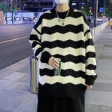 Pullover Stripe Knitted Sweater Men Baggy Korean Fashion Y2k Tops Round Neck Harajuku Male Black Sweatercoat aidase-shop