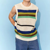 Aidase  Spring New Hollow Stripe Knitwear Sweater Vest 2024 Contrast Color O Neck Casual Tank Tops Korean Fashion Male Sleeveless Tees aidase-shop