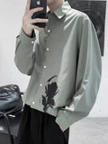 Ink Rose Print Shirt Men's Long-sleeved Hong Kong Style Japanese Korean Trend Loose Handsome Blouse Gothic Casual Streetwear Top aidase-shop