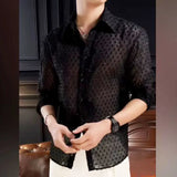 Aidase Fall Vintage Fashion Black Dress Shirt Man Shirt Men's Hollow Mesh Lace Long Sleeve Loose Casual Shirts Male Streetwear aidase-shop