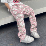 Aidase Fashion Streetwear Pink Camouflage Cargo Pants Hip Hop Multi-pocket Zip Up Trousers Flared Men Y2k Slim Fit Casual Pants Baggy