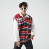 Aidase Vintage Gradient Stripe Baggy Knitted Sweater Vest Washed Ripped Red Sweater Tank Top Y2k Tie Dyeing V-Neck Sleeveless knitwear aidase-shop