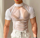 Aidase Tops Korean Style New Men's Sexy Mesh See Through T-shirts Fashion Male Half High Neck Short Sleeved Camiseta S-5XL aidase-shop