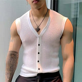 Aidase 2024 Men Tank Tops Mesh Hollow Out Solid V Neck Sleeveless Summer Male Vests Transparent Streetwear Fashion Men Clothing aidase-shop