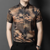 Aidase Men Floral Print Shirt Summer Silk Business Dress Shirts Short Sleeve Club Casual Flower Tops Clothing