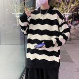 Pullover Stripe Knitted Sweater Men Baggy Korean Fashion Y2k Tops Round Neck Harajuku Male Black Sweatercoat aidase-shop