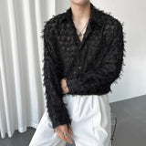 Aidase Men's Autumn Tassel Feather See-Through Sexy Shirt 2023 New Trendy Nightclub Style Loose Lapel Long-Sleeved Simple Solid Shirt aidase-shop