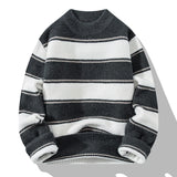 Aidase New Men's Autumn and Winter Pullover Round Neck Spliced Stripe Fashion Casual Loose Sweater Knitted Versatile Long Sleeved Tops aidase-shop