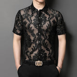 Aidase New Fashion Floral Embroidery Transparent Shirt Man See Through Sexy Casual  Shirts Men Social Party Lace Sheer Blouse Hollowout aidase-shop