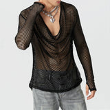 Aidase Mens Sexy See-Through Mesh Long-Sleeved Top 2024 New Genderless Nightclub Individuality Youthful Thin Low-Cut T-Shirt Unisex aidase-shop