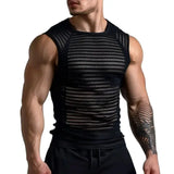 Aidase Sports Fitness Slim Sleeveless Tank Tops Men Sexy Transparent Hollow Out O Neck Mesh Vest For Men Summer New Casual Camisoles aidase-shop