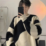 Autumn O-Neck Knit Sweater for Men Cow Patchwork Pullover Men Loose Casual Harajuku  Korean Fashion Mens Oversized Sweater aidase-shop