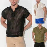 Aidase Spring Summer Men Sexy Tops See Through Hollow Out Knitted Mesh Shirt Fashion Loose Breathable Knit Polo Shirts Men Streetwear aidase-shop