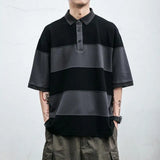 Aidase Japanese Style Summer New Men's Turn-down Collar Spliced Striped Button Fashion Vintage Loose Half Sleeve Tops T-shirt