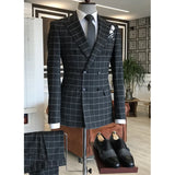 Aidase Chic Black Plaid Men Suits Two Piece (Blazer+Pants) Fashion Business Casual Slim Wedding Tuxedo Peak Lapel Double Breasted Suit