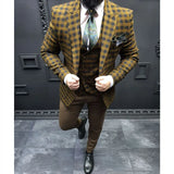 Aidase Plaid Stripes Men' s Suit 3 Pieces Blazer Vest Pants One Button Peaked Lapel Dark Yellow Fashion Business Modern Wedding Groom aidase-shop