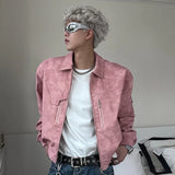 Aidase Mens Cropped PU Leather Jacket Fashion Turn-down Collar Gradient Color Retro Coat Zipper Men's Motorcycle Outwear Spring Pink aidase-shop