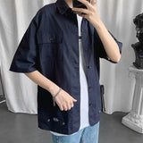 Elegant Fashion Shirts Loose Solid Patchwork Casual Turn-down Collar Short Sleeve Pockets Spring Summer Thin Men's Clothing