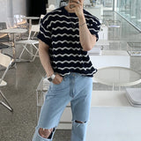 Aidase Trendy Striped Jacquard Men T Shirts Knitted O Neck Short Sleeve Hollow Out Knit T-shirts Summer Fashion Slim Men Knitted Tees aidase-shop