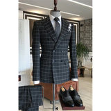 Aidase Chic Black Plaid Men Suits Two Piece (Blazer+Pants) Fashion Business Casual Slim Wedding Tuxedo Peak Lapel Double Breasted Suit