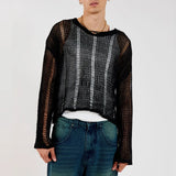 Aidase Mens Hollow See-Through Sexy Knitted Sweater Autumn Genderless Nightclub Elastic Loose Versatile Long-Sleeved Sweater Unisex aidase-shop