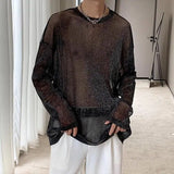 Aidase Man T-shirt Sheer Mesh Round Neck Long Sleeve Sexy Men's Clothing Tops Out Streetwear Party Thin Style Clothes