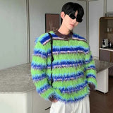 Winter Men's Sweater Niche Design Striped Contrast Color Pullovers Heavy Woolen Scarf Loose Mink Velvet Knitwear aidase-shop