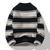 Aidase New Men's Autumn and Winter Pullover Round Neck Spliced Stripe Fashion Casual Loose Sweater Knitted Versatile Long Sleeved Tops aidase-shop