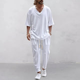 Aidase 2024 Summer New Casual Two Piece Sets Men Leisure Short Sleeve V Neck T-shirts And Pants Men Suits Fashion Solid Color Outfits aidase-shop